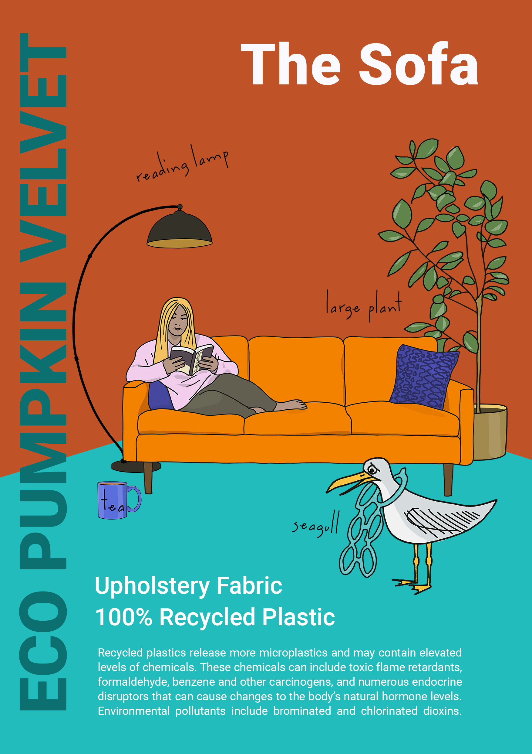 MA Communication Design work by Pip Samwell-Smith showing a scene with a sofa and a seagull.