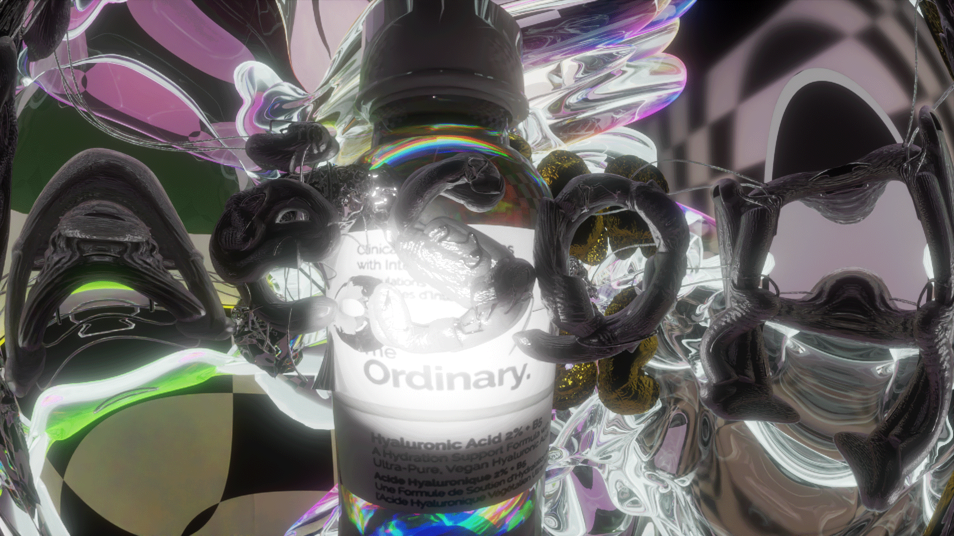 Colourful image still showing a The Ordinary bottle, Starface typography and an Aesop logo.