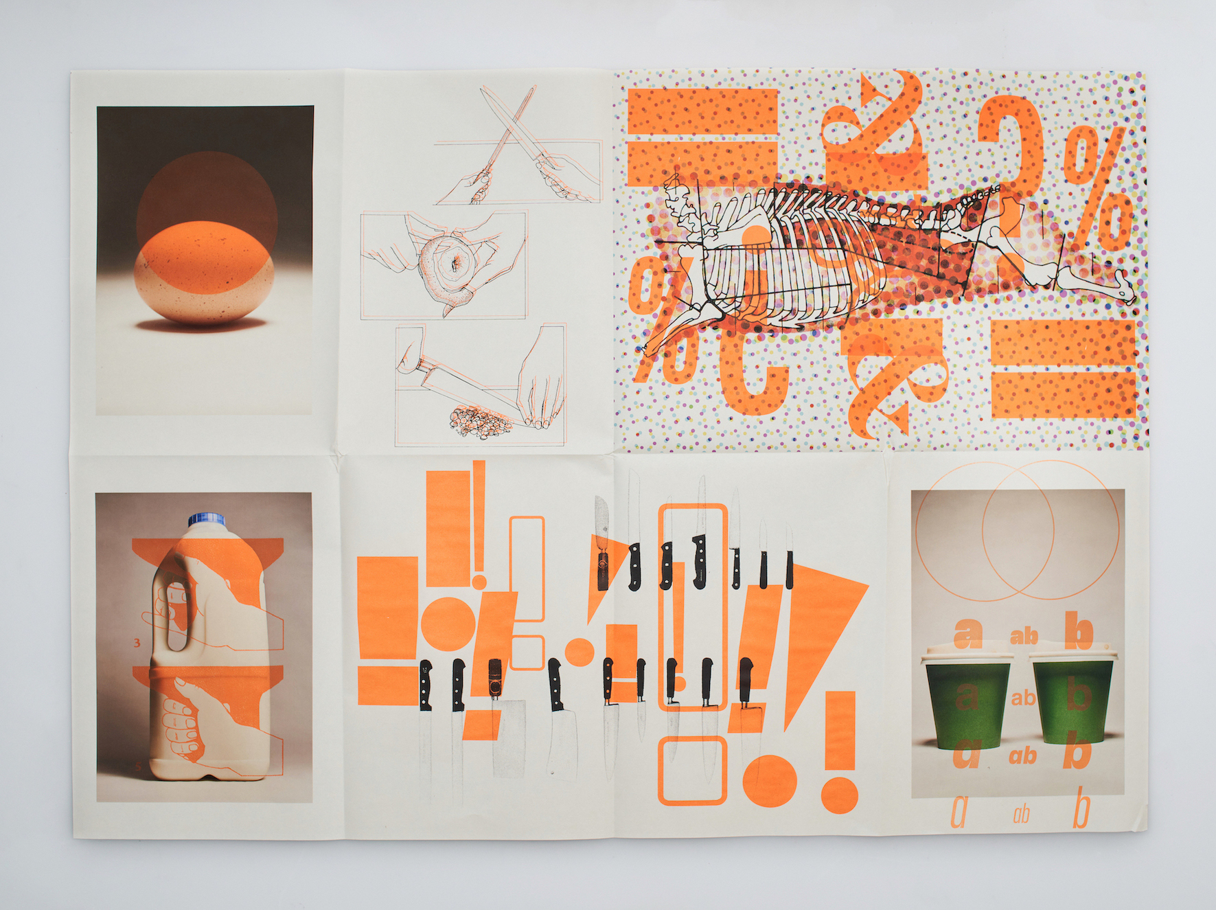 MA Communication Design work by Tom Brannigan showing sketches and images of kitchen items overlayed with orange graphics.