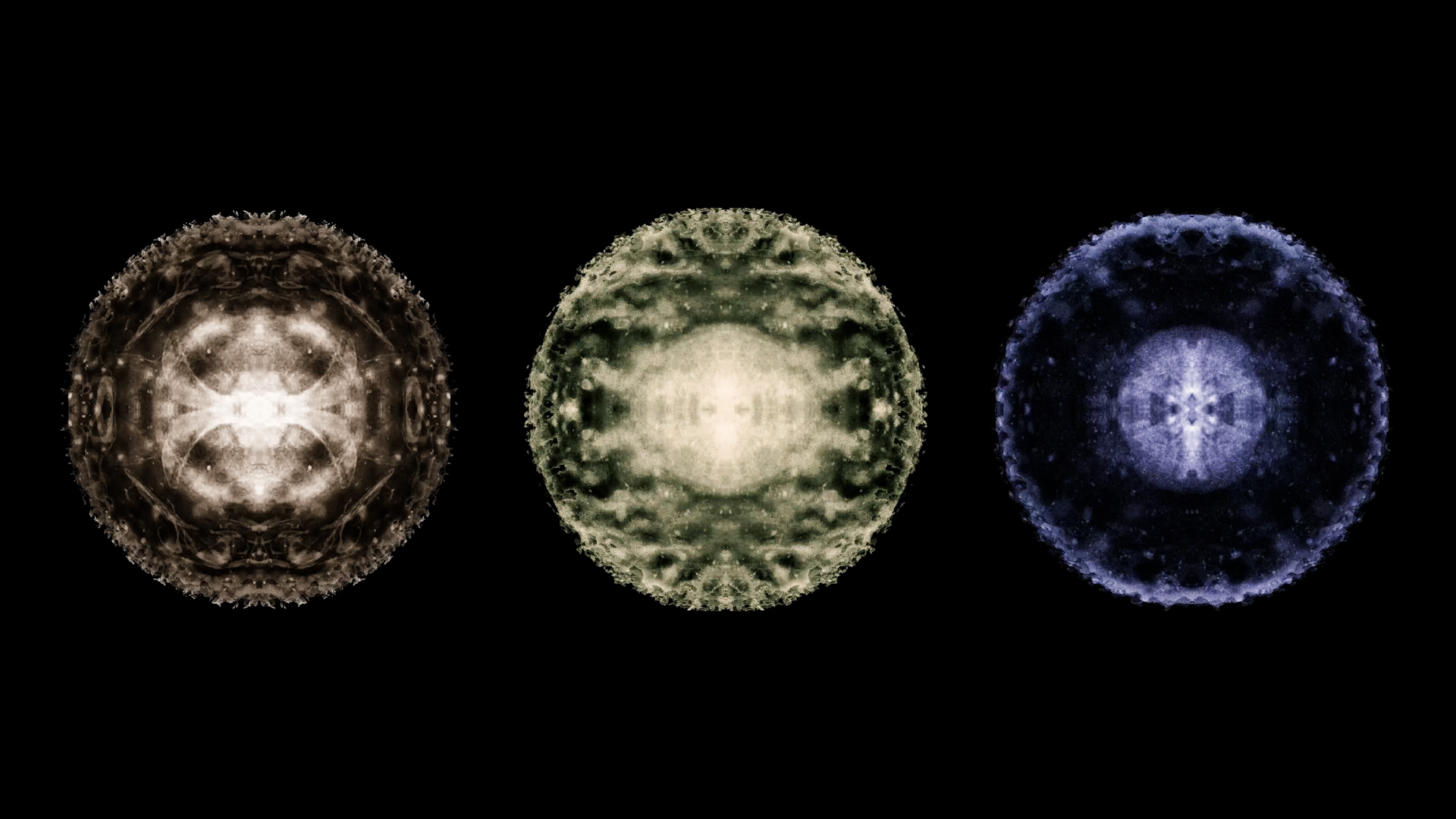 Still image from film showing three cymatics visual orb shapes.