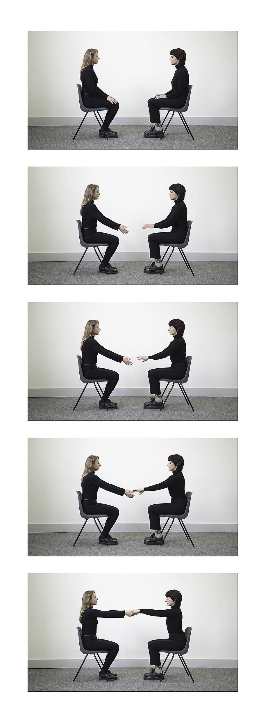 MA Photography work by Hannah Gooding showing images of two people sat opposite each other on plastic chairs.