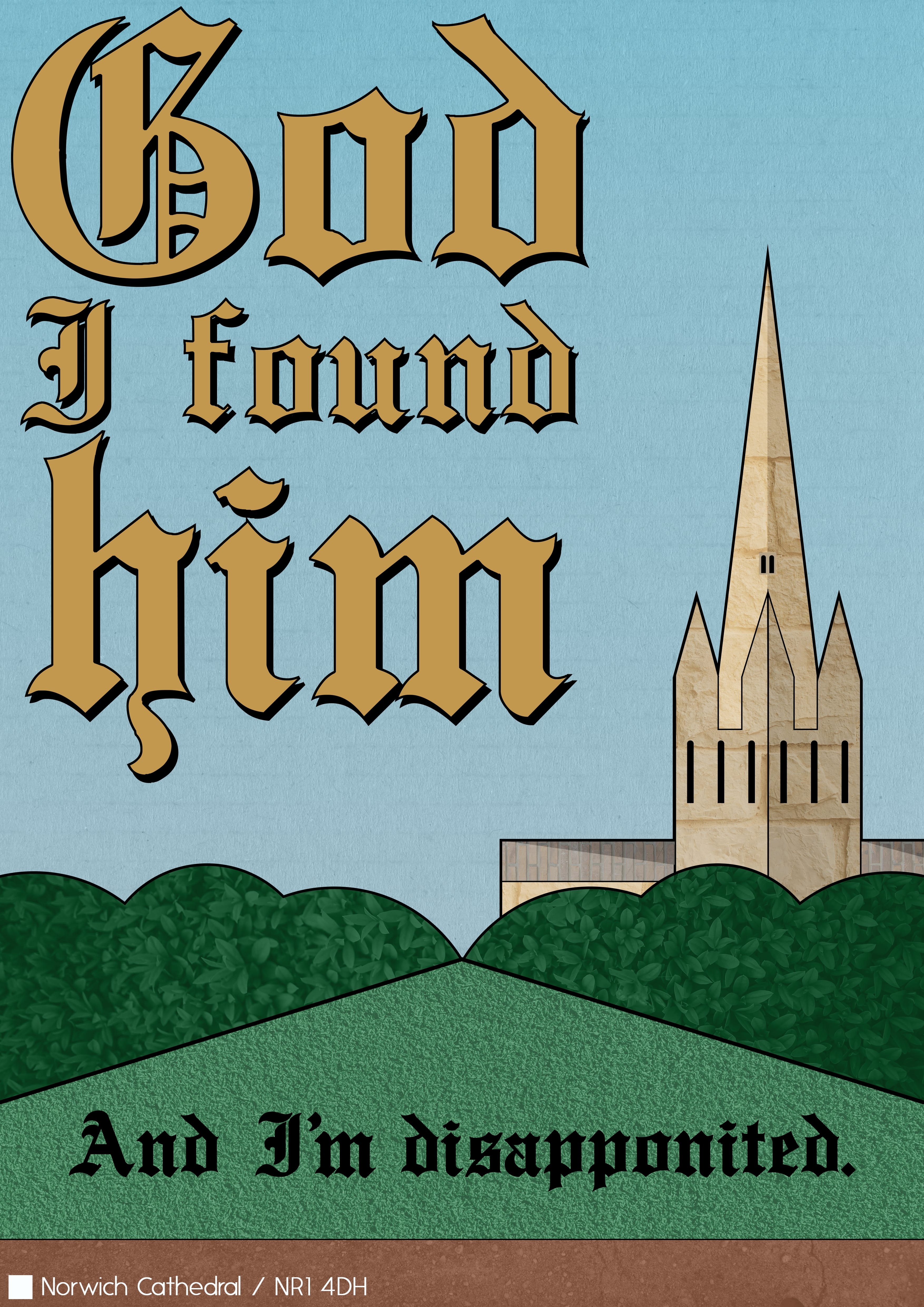 MA Communication Design work by Luke Sorrell showing a colourful stylized version of the Norwich Cathedral with a bad review and stylised text.