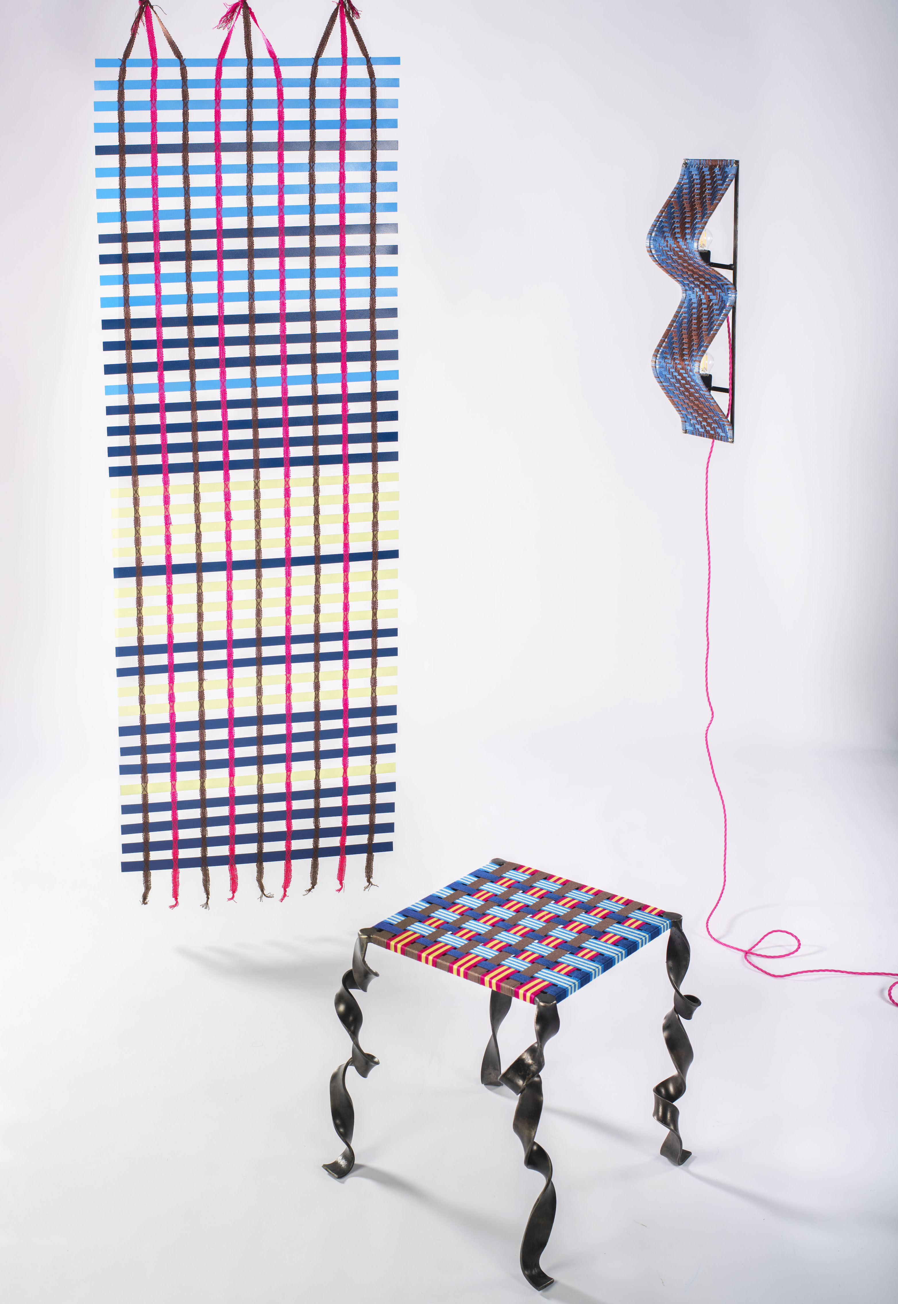 Mair Cook, MA Textile Design, final collection, featuring hanging room screen, stool and light piece in clashing colours.